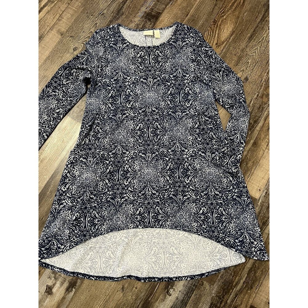 Chico's Tunic Dress Size 0 Long Sleeve Blue Medallion Button Back Pockets Small
